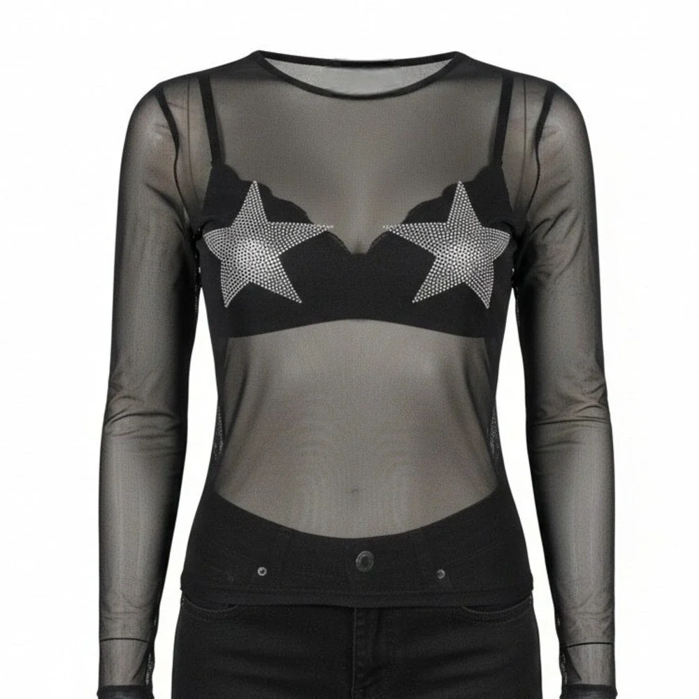 New Small Black Starry Night Sheer Jewel Long Sleeve Mesh Silver Long Sleeve Top
